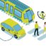 Graphic that shows a bird's eye view of pedestrians, a bicycle, an electric car, and a metro carriage.